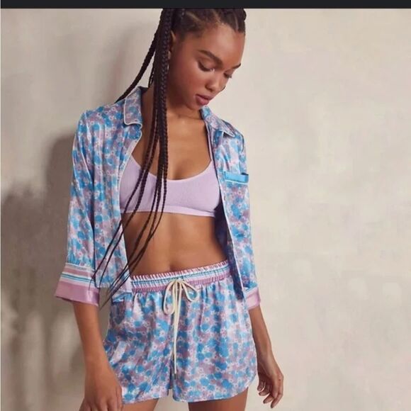 Free People M Pillow Talk Satin Pajama Set Lilac Blue Floral Print Silky New - Picture 1 of 13